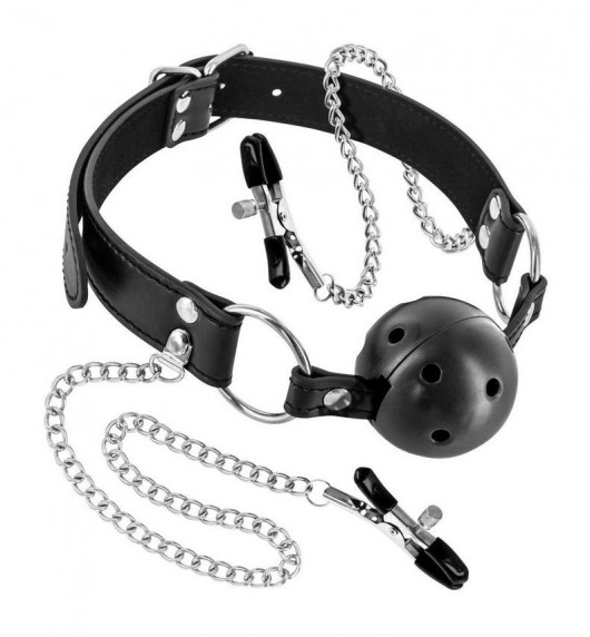 Жесткий шар-кляп с зажимами для сосков - Fetish Tentation - купить с доставкой в Подольске