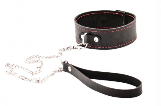 Черный широкий ошейник с красной строчкой и поводком - Crazy Handmade - купить с доставкой в Подольске