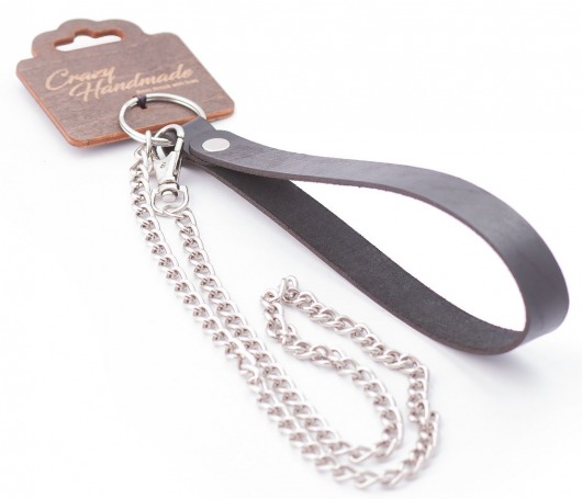 Серебристый металлический поводок с кожаной черной ручкой - 80 см. - Crazy Handmade - купить с доставкой в Подольске