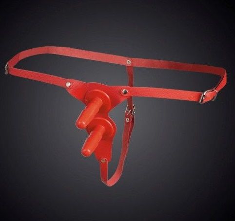 Красные кожаные универсальные трусики с двумя  штырьками для насадок - Sitabella - купить с доставкой в Подольске