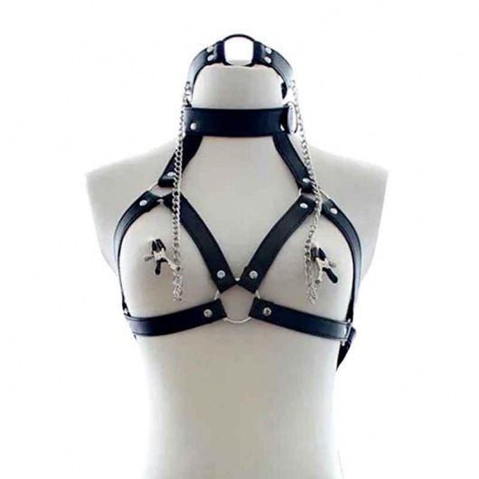 Черная портупея на грудь с кляпом и зажимами для сосков - Notabu - купить с доставкой в Подольске