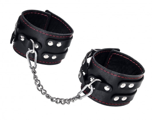 Черные кожаные оковы с двумя ремнями и контрастной строчкой - Pecado - купить с доставкой в Подольске