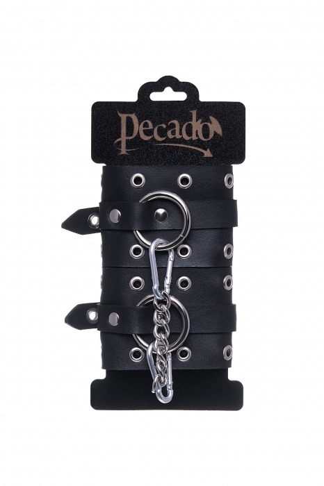 Черные кожаные однослойные наручники с люверсами - Pecado - купить с доставкой в Подольске