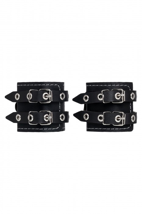 Черные кожаные наручники с двумя ремнями и красной подкладкой - Pecado - купить с доставкой в Подольске