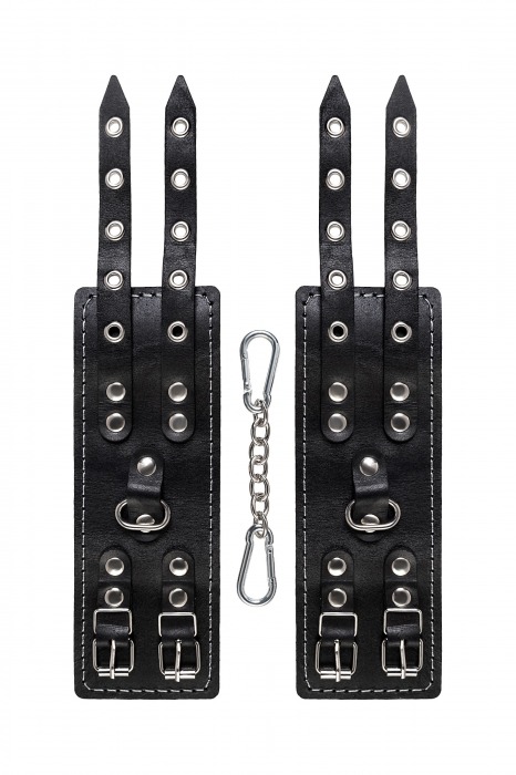 Черные кожаные наручники с двумя ремнями и красной подкладкой - Pecado - купить с доставкой в Подольске