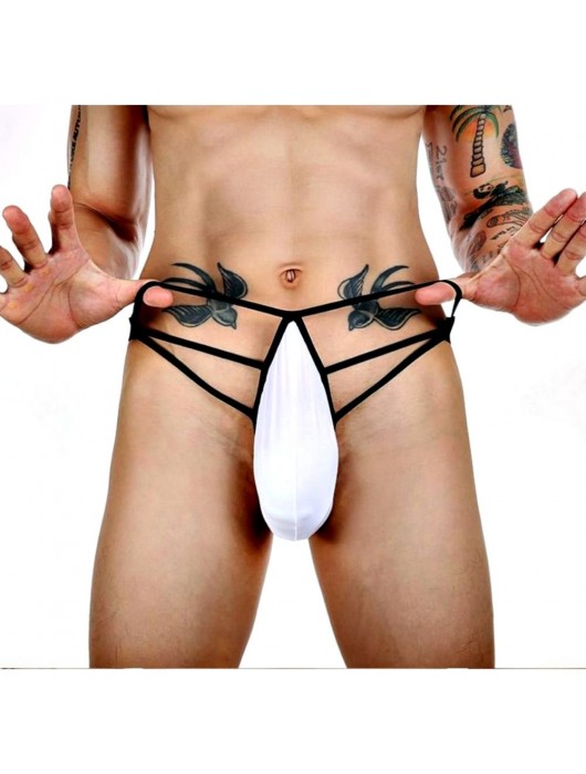Белые сексуальные трусы-стринги на тонких черных бретелях - Romeo Rossi купить с доставкой