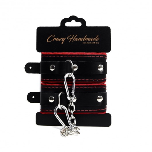 Черные наручники с красной подкладкой, строчками и скругленными ремешками - Crazy Handmade - купить с доставкой в Подольске