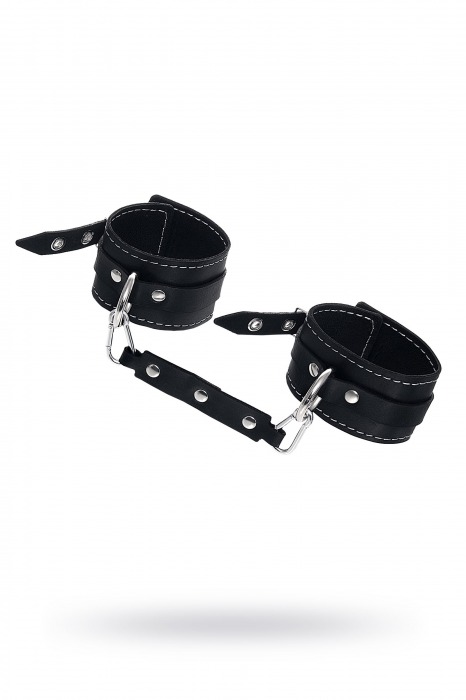 Черные двухслойные кожаные оковы с белой строчкой - Pecado - купить с доставкой в Подольске