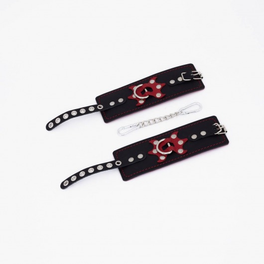Черные кожаные наручники с красным декором и строчкой - Crazy Handmade - купить с доставкой в Подольске