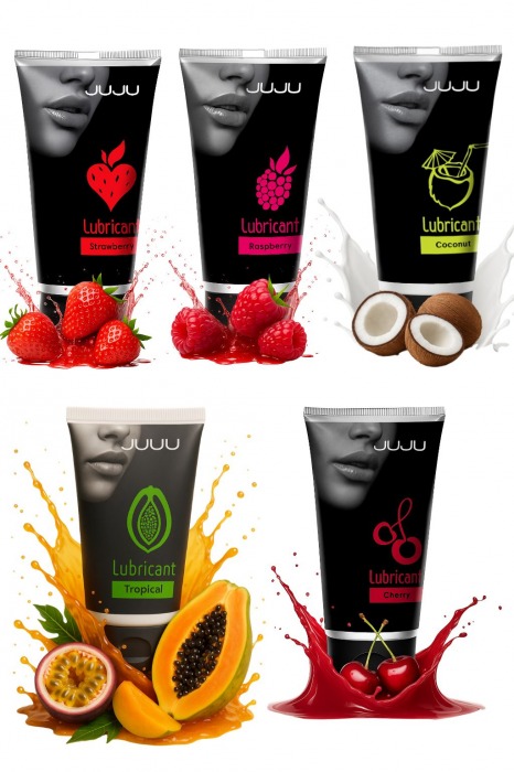 Набор из 5 съедобных лубрикантов JUJU (клубника, малина, тропические фрукты, вишня, кокос) - JuJu - купить с доставкой в Подольске