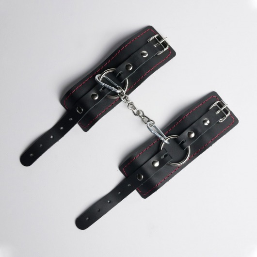 Черные кожаные наручники с красной строчкой - Crazy Handmade - купить с доставкой в Подольске