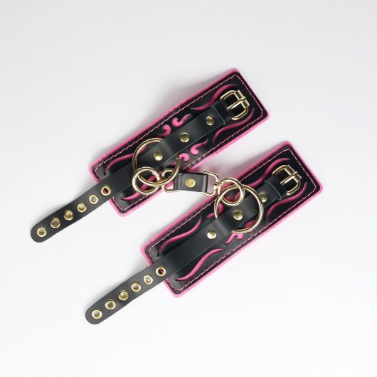 Черные кожаные наручники с розовой строчкой - Crazy Handmade - купить с доставкой в Подольске