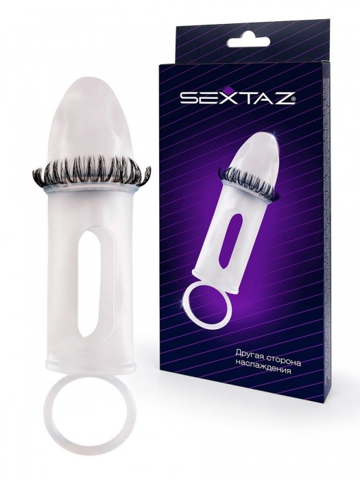 Закрытая насадка на пенис с подхватом мошонки и стимулирующими «ресничками» - Sextaz - в Подольске купить с доставкой
