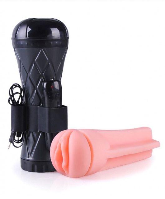 Телесный мастурбатор-вагина в черной колбе с вибрацией - Boys of Toys - в Подольске купить с доставкой