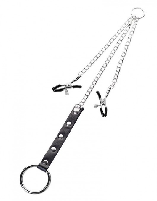 Серебристо-чёрные зажимы для сосков с кольцом для пениса TOYFA Metal - ToyFa - купить с доставкой в Подольске